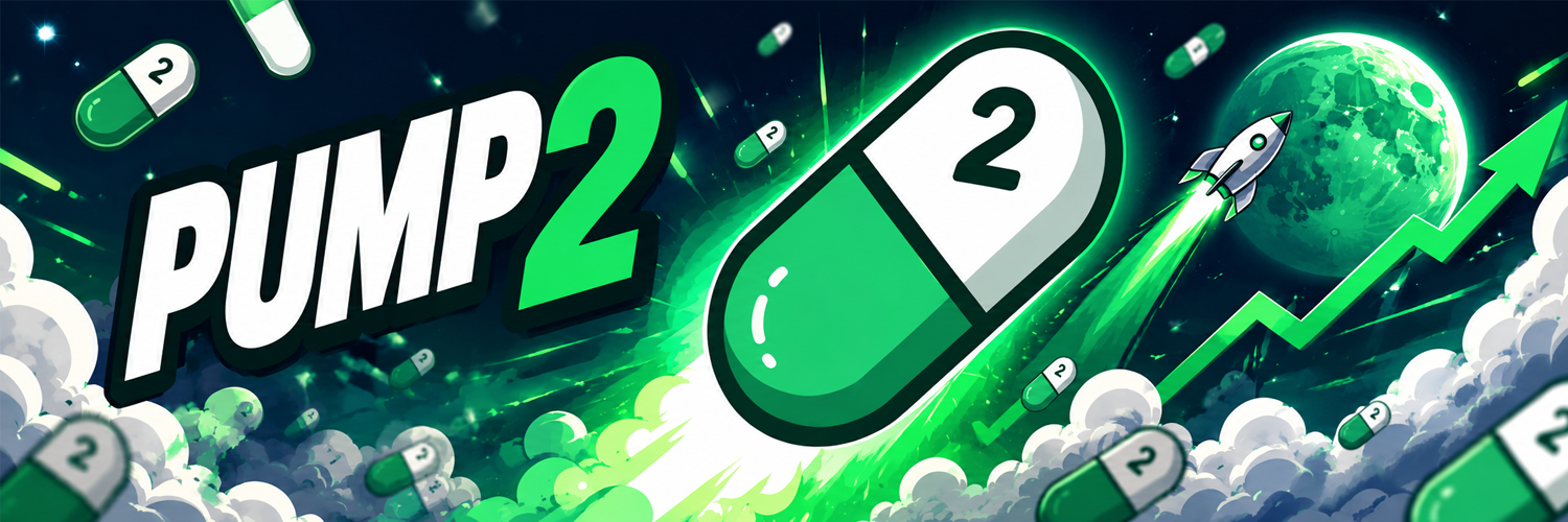 PUMP2 banner — pill blasting to the moon